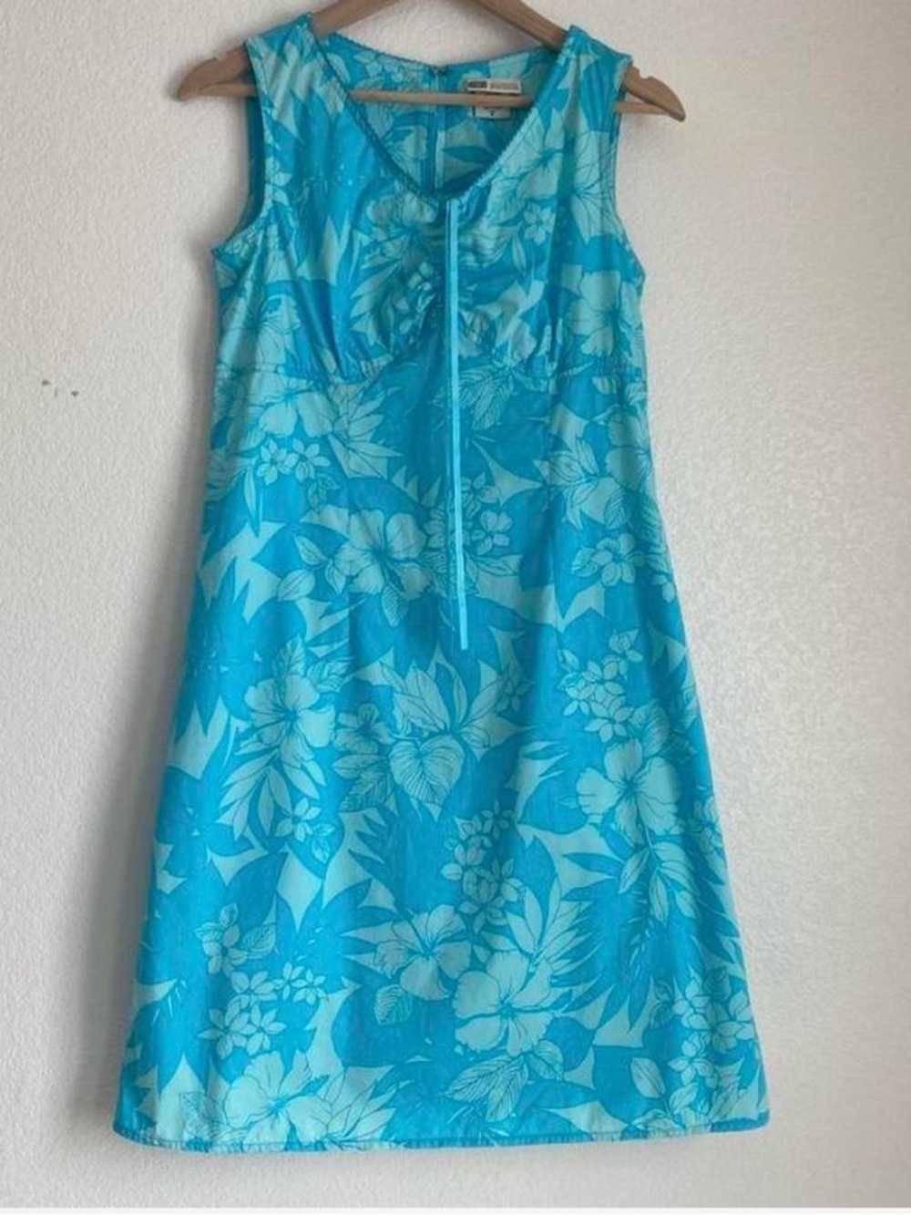 Y2k Faded Glory sleeveless blue tropical print ruched bodice sundress, blue, 8